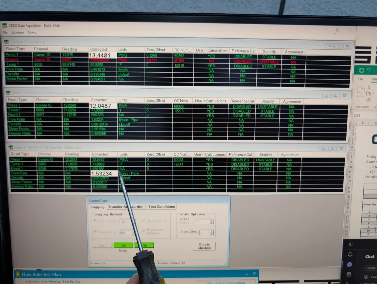 CEESI data acquisition screen showing reference standard and meter readings being pointed at during a witnessed calibration point