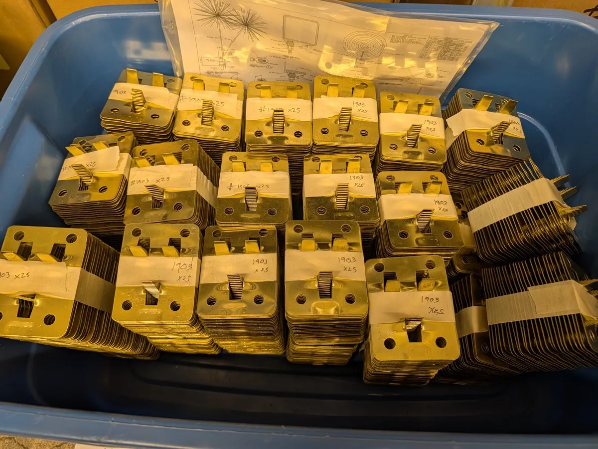 Brass mounting brackets for spline ball terminal assemblies bundled in counted lots with the installation drawing